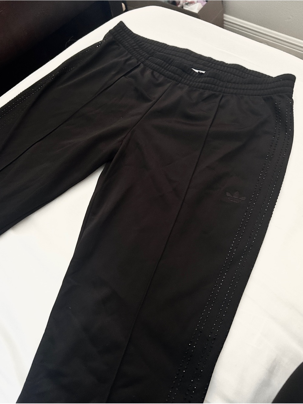 Black Adidas mid rise track pants with blingy rhinestone side panels